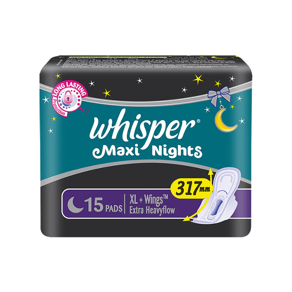 Whisper Maxi Nights Sanitary Pads for Women, Large, 15 Napkins